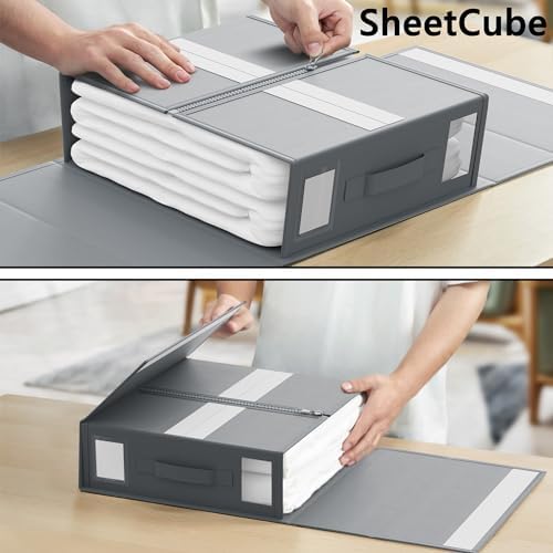 SUOCO SheetCube Bed Sheet Organizers and Storage 6 Pack, Foldable Linen Closet Organizer with Window and Label, Bedding Folder Storage Box Container for Blanket, Duvet Cover Set, Bed Sheet Set - Grey