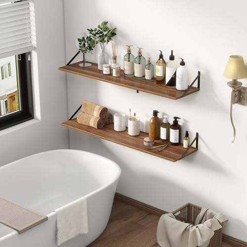 12 Inch Deep Floating Shelves,48W x 12D Floating Shelves, Deep Wall Shelves Bracket Set of 2, Large Display Floating Shelf for Bathroom, Living Room, Wide Storage Wooden Wall Shelf, Walnut