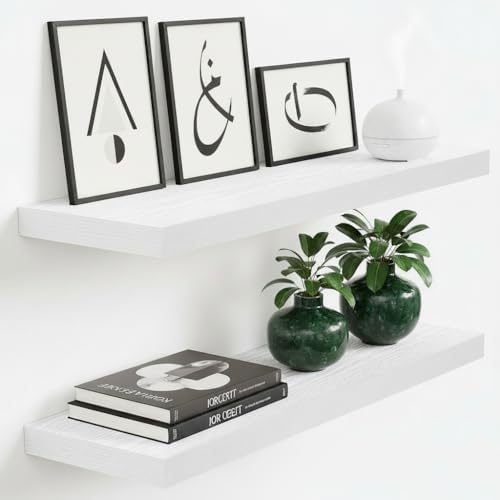 Vivelove Floating Shelves 9 inch Deep 24”Long Set of 2, White | Easy Install With Hardware, 1.5" Thick, Invisible Brackets, Wall Mounted, No Sagging, For Any Room