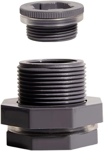 Ququyi 1/2 Inch PVC Bulkhead Water Tank Connector Adapter Fitting with Plugs Thru-Bulk Pipe Fitting for Rain Barrels, Aquariums, Ponds(Set of 1)