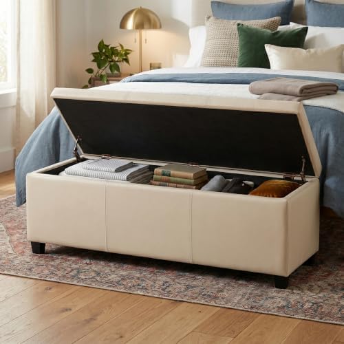 SIMPLIHOME Avalon 48" Wide Vegan Leather Storage Ottoman in Satin Cream | Contemporary lift-top ottoman with high-density foam; rectangle storage bench or coffee table for living room or entryway.