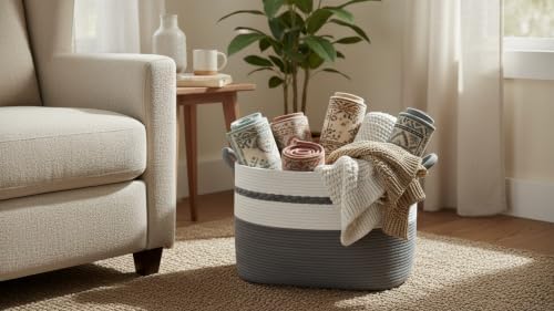 Large laundry basket woven from natural cotton rope with handles for storage clothes big decorative quilted baskets for blankets toys pillows hampers 22"x14.6"x12" Grey