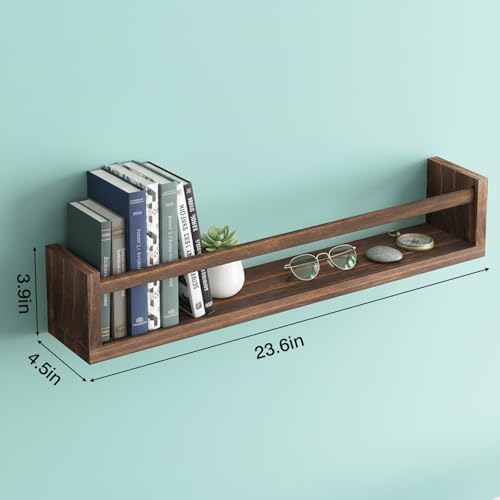 Fixwal Floating Nursery Book Shelves for Wall, 23.6in, Set of 4, Brown | Solid wood shelves store kids' books, toys and clothing. Fits kids' room, playroom, nursery, living room, bedroom & bathroom.