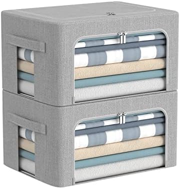 CYhom Clothes Storage Bins Box - Foldable Stackable Container Organizer Set with Clear Window & Carry Handles & Metal Frame - 2Pack Large Capacity for Bedding, Blankets, Books