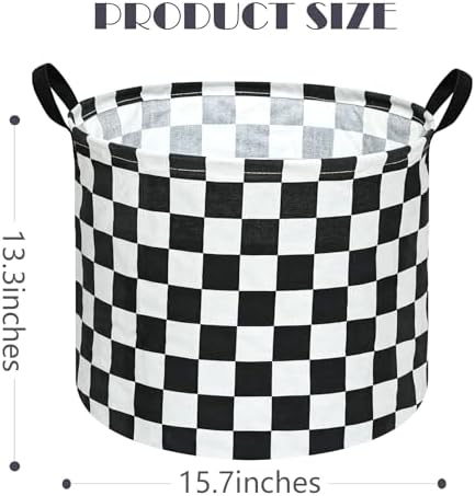 3 Pack Checkered Storage Baskets with Leather Handles, Foldable Fabric Toy Storage Bins with Waterproof Lining, Large Round Laundry Hamper for Kids Room, Nursery, Bedroom, Playroom Organization
