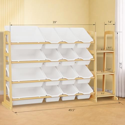 Kids Toy Storage Organizer with Bookshelf – Wooden Shelf with 16 Bins & 3 Shelves, Quick Assembly Storage Rack for Playroom, Bedroom, Nursery - White