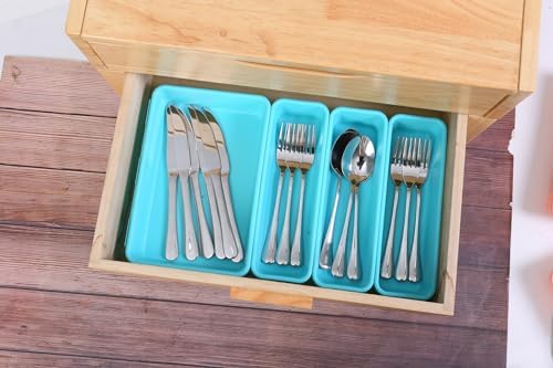 Kutesna 15PCS Interlocking Drawer Organizer, Plastic Desk Organizer Set | 3-Size Versatile Storage Bins,BPA-free,Non-slip, Fits Any Drawer for Cosmetics,Bathroom, Tools,Kitchen and Office（Blue&Green）
