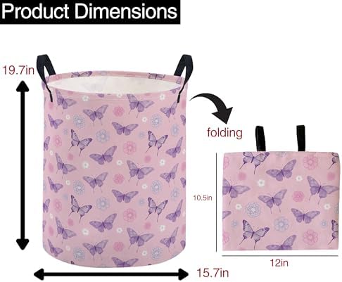 ESSME Kids Laundry Basket,Butterfly Hamper Collapsible Canvas Waterproof Storage Bin for Boys, Cute Hamper,Gift Baskets(Pink butterfly)