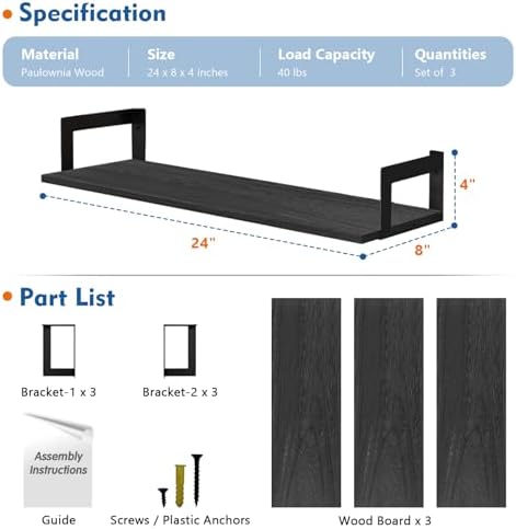 Harwaya Black Wall Shelves for Bedroom 24 Inch Long, 8 In Deep Floating Shelves for Wall, Large Wood Wall Mounted Bookshelf Hanging Shelf for Living Room Office Books Kitchen Closet Storage (Set of 3)