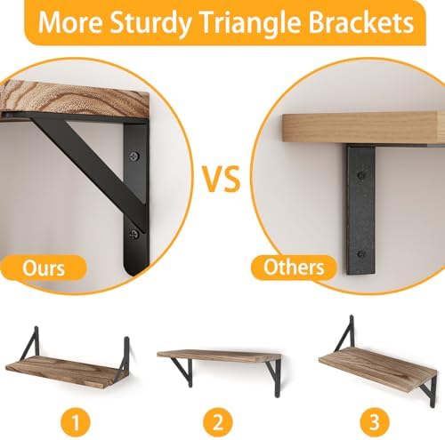 YGEOMER 4 Different Sizes Floating Shelves for Wall Decor, Light Brown | Rustic wood shelves in mixed sizes for flexible combined storage. Fits bathroom, kitchen, living room, bedroom and office.