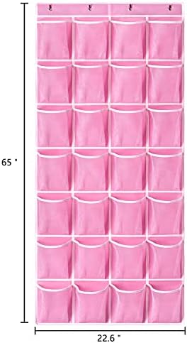 KEEPJOY 28 Pocket Over The Door Shoe Organizer, 2Pack Hanging Shoe Organizer for Door, Hanging Door Shoe Holder Rack with Mesh Pockets Large Size 65 x 23 inch (Pink-2Pack)