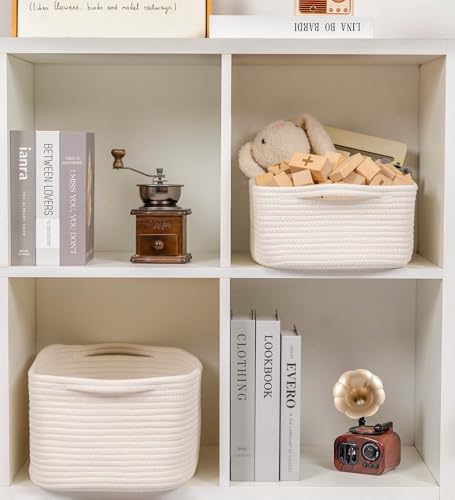 CubesLand Cute and Durable Small Cotton Rope Basket for Organizing | Woven Closet Storage Bin,Shelves Closet Storage Basket, Bathroom Storage Organizer Bin, Nursery Toy Basket Bin, White Basket