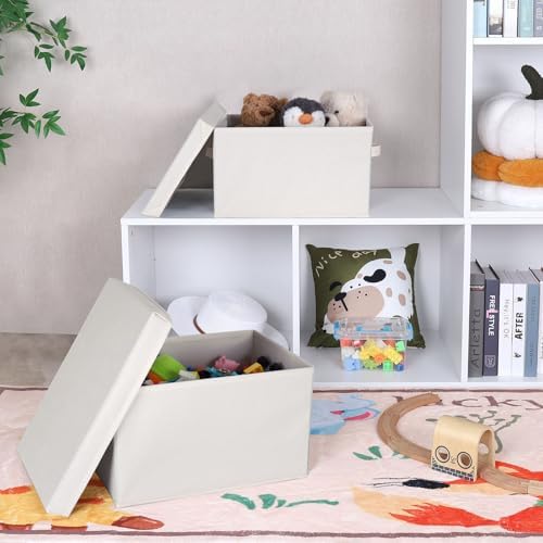 WUIKE Fabric Storage Bins with Lids, Decorative Boxes, Beige, Large, 3-Pack