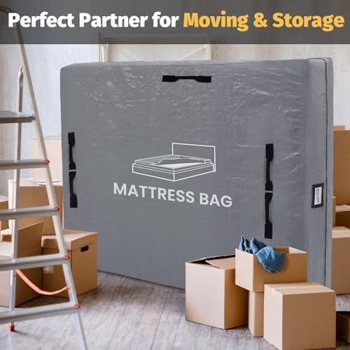 Mattress Bags for Moving and Storage, BETU Waterproof Mattress Protector Full XL Mattress Cover with 8 Heavy Duty Handles and Zipper Extra Thick Moving Supplies for Bed (82x57x13.5 Light Gray)