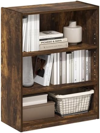 Furinno GEHRY Book Shelf, 3-Tier Small Bookshelf, Bookcase with Adjustable Shelves, 11.6 x 24.8 x 31.6, for Organization and Storage, for Living Room, Bedroom, Home Office, Amber Pine