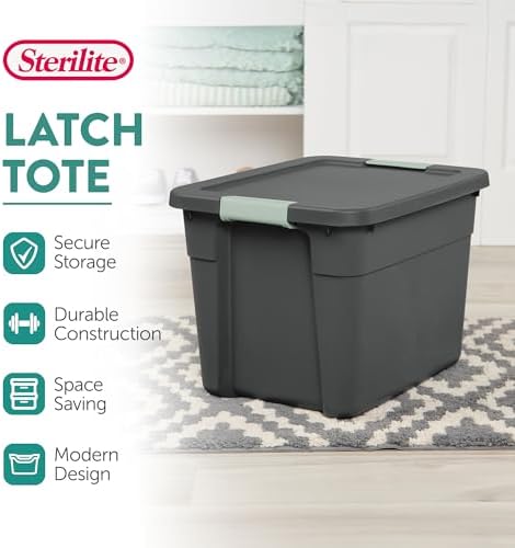 Sterilite 24 Pack Latch Tote, Stackable Plastic Storage Container, 12 Gallon, Gray/Green
