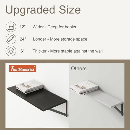 Deep Floating Shelves, 12 Inch Deep Floating Shelves for Wall, 24"W x 12"D Wall Shelves for Books, Rustic Black Wooden Shelves, Large Wide Display Shelf for Bathroom, Living Room, Bedroom, Set of 2