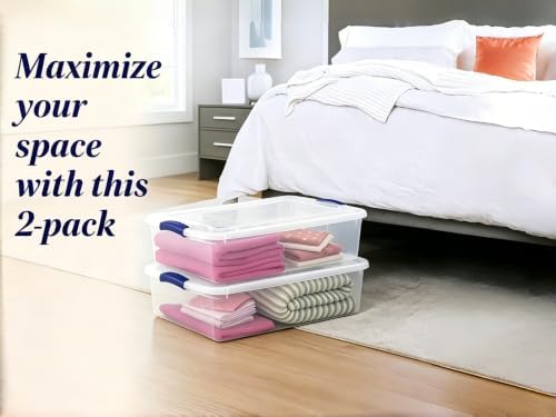 Under Bed Storage Bins, 2-Pack, 32qt Clear Plastic Stackable Totes