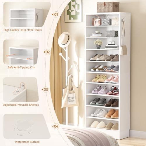 Aheaplus 10 Tiers Narrow Wood Shoe Rack, Tall Shoe Storage Cabinet, White