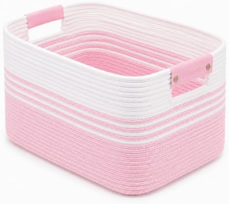 15.4GAL Rope Laundry Basket for Dorm, Cute Boho Square Woven Basket for Living Room Throws Pillow Blanket Storage, Short Dirty Clothes Hamper for Baby Girls Boys Toys Stuffed Animal Towel White Pink