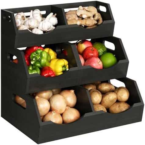 Potato Storage Bins Onion, 3 Tier Bamboo Pantry Storage Bin Stackable Ventilated Organizer for Kitchen, Pantry, Countertop, Bathroom, Black