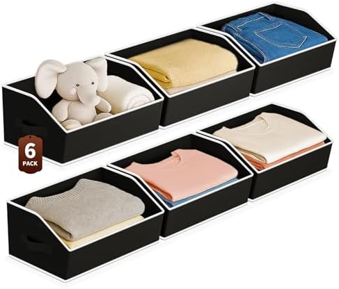 Homsorout Large Closet Organizers and Storage Bins - 6 Pack Trapezoid Storage Baskets for Shelves, Foldable Fabric Baskets with Handles Ideal for Closet, Basket, Wardrobe and Shelf Storage, Black