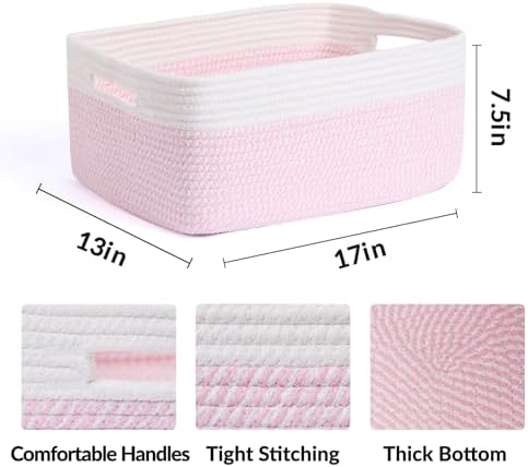 MiniArk Large Storage Baskets for Shelves, 17 x 13 x 7.5” Closet Organizers Bins for Clothes Blanket Towels, Baby Nursery, Toy Baskets Box, Woven Rope Baskets, 3 Packs Woven Pink