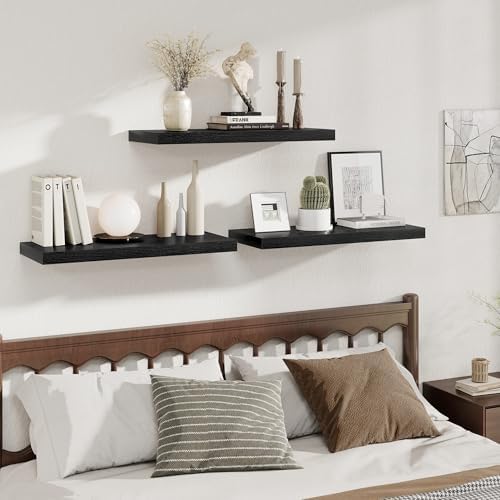 Fun Memories 12 Deep Floating Shelves for Wall | 30W x 12D Large Floating Shelves | 3 Pack Storage Space Wall Mount Shelf for Living Room Bathroom Toilet Laundry Room Kitchen Home Office - Black