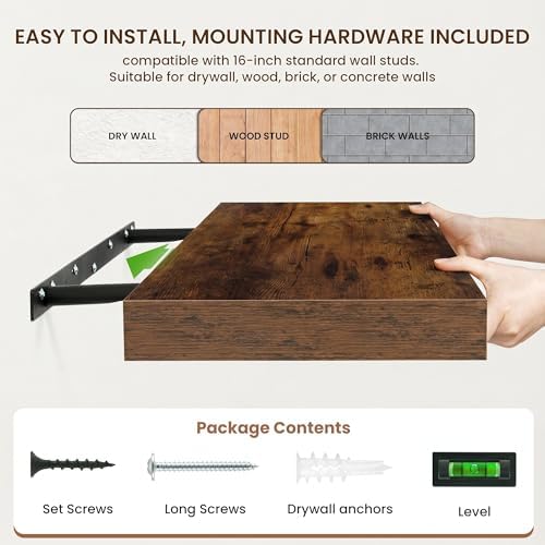 FLYJOE 32 Inch Floating Shelves, 12'' Deep Brown Shelves for Wall Set of 2