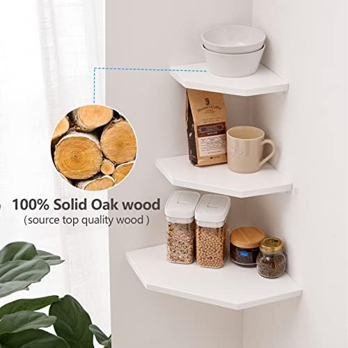 Corner Wall Shelf, Solid Oak Wood White Floating Corner Shelf Organizer with Wire Hole Small Plant Display for Kitchen Living Room Bedroom