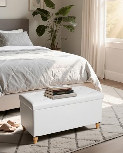 GLAXYFUR 30 Inches Ottoman with Storage, Folding Bench with Legs, White