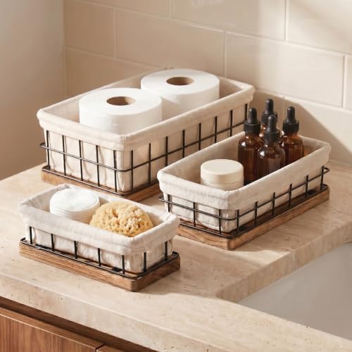 Set of 3 Decorative Basket Organizers, Sturdy Rustic & Farmhouse Decor Metal Wooden Baskets for Organizing, Wire with Liner, Perfect as Home, Kitchen or Bathroom Organizer