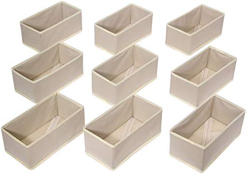 DIOMMELL 9 Pack Foldable Cloth Storage Box Closet Dresser Drawer Organizer Fabric Baskets Bins Containers Divider for Clothes Underwear Bras Socks Lingerie Clothing,Beige 090