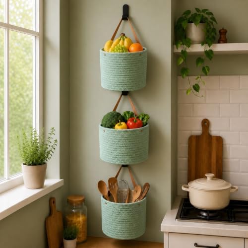 Honeydak 3 Hanging Baskets, Sage Green, Cylinder, Cotton Rope | Wicker Wall Baskets with Hooks for Fruit Vegetable Onion Storage, Teardrop Organizer for Kitchen, Boho Farmhouse Decor