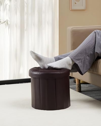 Bsketa Round Storage Ottoman, 14" Folding Leather Foot Rest Stool,Brown | Round Leather Poufs with Thicker Foam Padded Seat, Living Room, Bedroom, Dorm, Entryway, Easy to install,14 x 14 x 13in