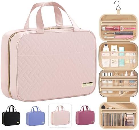 HOTOR Hanging Travel Toiletry Bag Women Men Essentials Pale Pink | Big Compartment, Waterproof Travel Accessories, Makeup Organizer Cosmetic Bag for Cruise, Gift, Road Trip, Vacation, Large