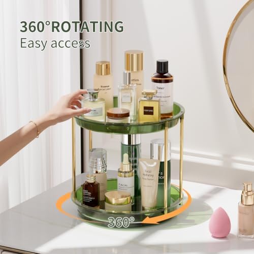 Rotating Makeup Organizer, Perfume Skincare Holder, 2 Tier 9 Inch, Green | 360° Smooth Spinning Vanity Tray, Large Capacity, Space-Saving Cosmetics Storage for Bathroom Countertop, Dresser