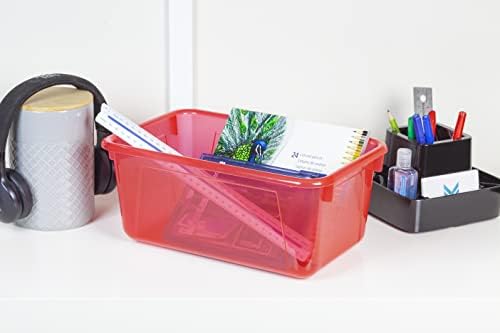 Storex Small Cubby Bins – Plastic Storage Containers for Classroom with Non-Snap Lid, 12.2 x 7.8 x 5.1 inches, Tint Red, 5-Pack (62481U05C)