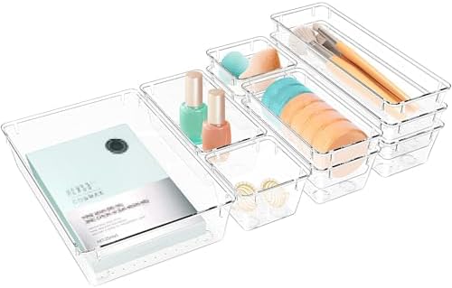 10 PCS Drawer Organizer Set, 5 Size Bathroom and kitchen organizer Trays | Bathroom and kitchen Drawer cabinet organizer Trays, Clear Storage Bins for Makeup, Jewelry, Utensils and Gadgets