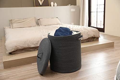 16x18 Inch Extra Large Round Cotton Rope Storage Basket with Lid, Decorative Woven Bin with Cover for Living Room Bedroom Closet, Dark Grey