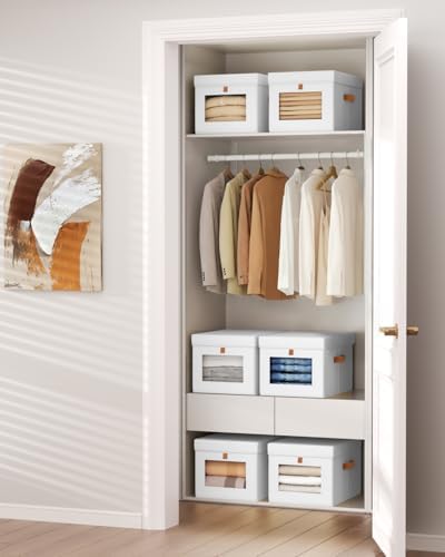 Homsorout Storage Bins with Lid – Closet Organizer with Side Opening and Clear Window, Foldable Stackable Fabric Basket for Clothes, Home, Office - 13.77" x 11.8" x 9.8", 4 Pack, White