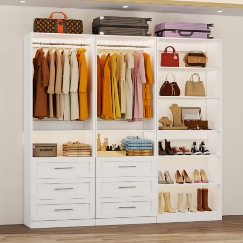 Closet System with 3 Sets, 6-15FT Modular Closet Organizer Systems with 6 Wood Drawers & 8 Shelves, Walk in Closet System Tower with 5 Hanging Rods, Custom Closet Organizer Kits Adjustable, White