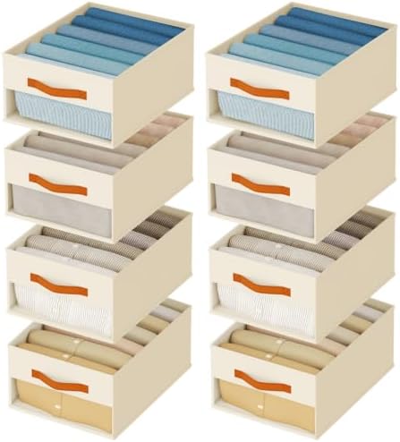 Homsorout Drawer Organizers and Storage - 8 Pack Foldable Pants Organizer with Clear Window & Handles, Fabric Closet Organizer for Clothes, Jeans, Sweaters, Towels, T-shirt, Scarf (Beige)
