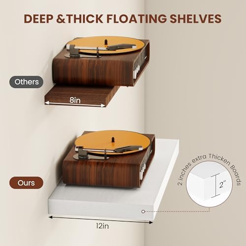 Vivelove 12 Deep Floating Shelves 30x12” Set of 2, White | Easy Install With Hardware, 2" Thick, Invisible Brackets, Wall Mounted, No Sagging, For Any Room