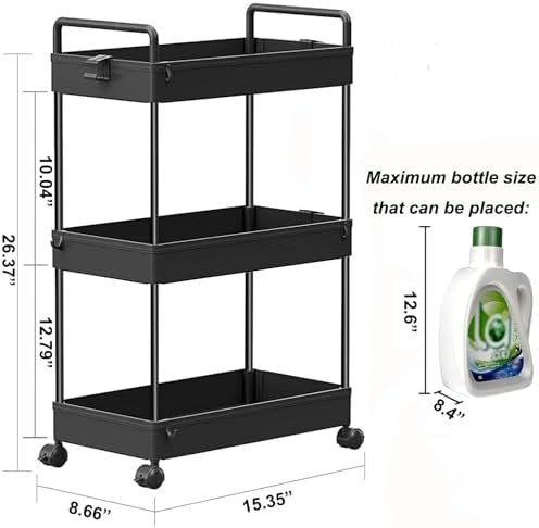SOLEJAZZ 3 Tier Slim Rolling Storage Cart Organizer with Wheels, Black