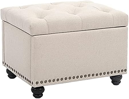CangLong 24 Inch Tufted Lift Top Storage Ottoman Bench, Linen Foot Rest Stool with Foam Padded Seat, End of Bed Bench & Shoe Bench for Bedroom Living Room Entryway, Easy Assembly, Beige