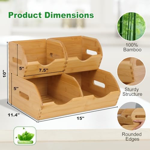 Bamboo Pantry Storage Bins,Fruits and Vegetables Basket | Stackable Potato & Onion Storage Bin for Kitchen Countertop,Multiuse - Set of 3 Pack