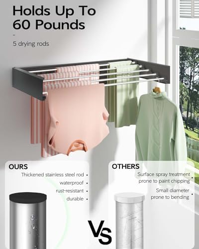 Vikaqi Wall Mounted Clothes Drying Rack 32", Foldable Wall Mount Laundry Rack Folding Indoor, Drying Rack Clothing Collapsible, Hidden Space Saver with Wall Template, 5 Rods, Black