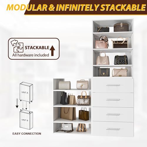 Modular Closet System, 46" Wide Wall-Mounted Closet Tower Organizer with Adjustable Shelves and Drawers for Walk-In Closet Storage, White