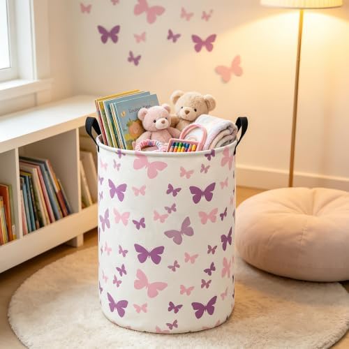 Round Fabric Collapsible Storage Basket with Handles, Purple Butterfly